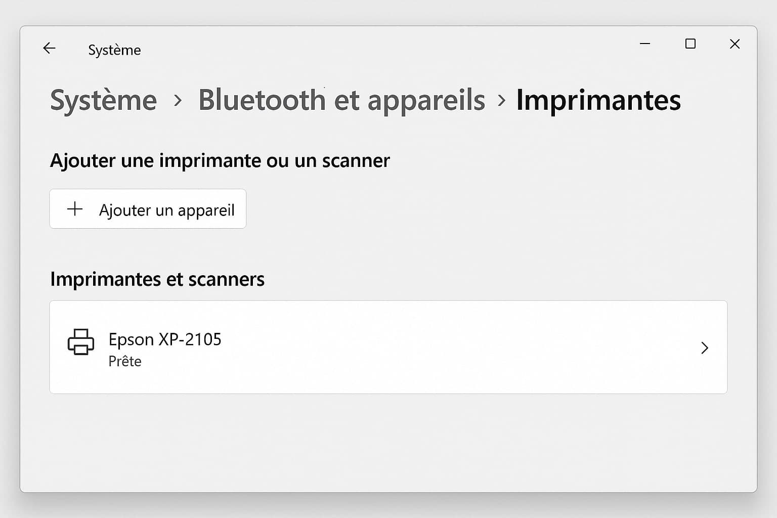 Configuration imprimante Epson XP-2105 dans Windows 11 - Panneau Imprimantes et scanners