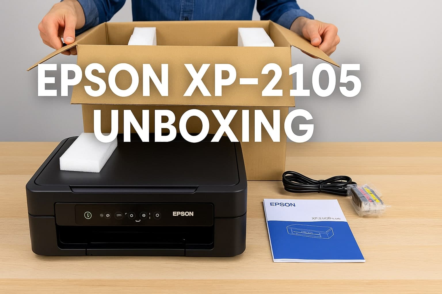 Déballage complet Epson XP-2105 - Tous les éléments fournis disposés proprement