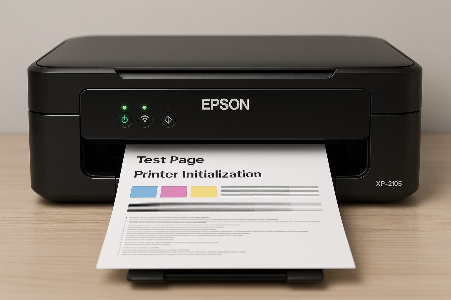 Epson XP-2105 en cours d'initialisation - Voyants et première page de test
