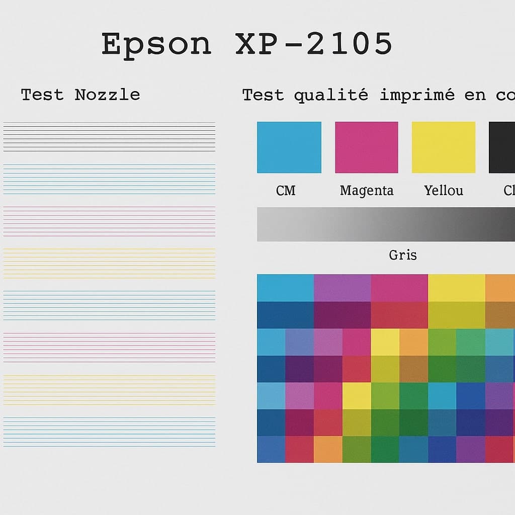 Résultats tests impression Epson XP-2105 - Page test buses et qualité couleur