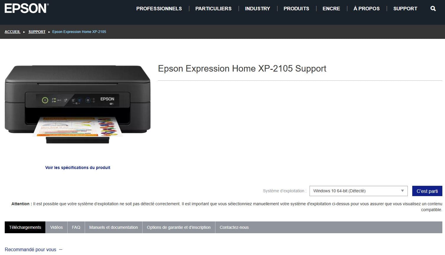 Téléchargement pilotes officiels Epson XP-2105 depuis site epson.fr