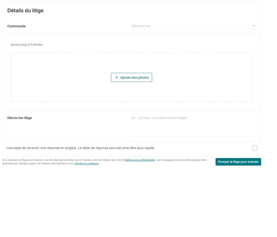 Formulaire support Vinted - Interface contact client