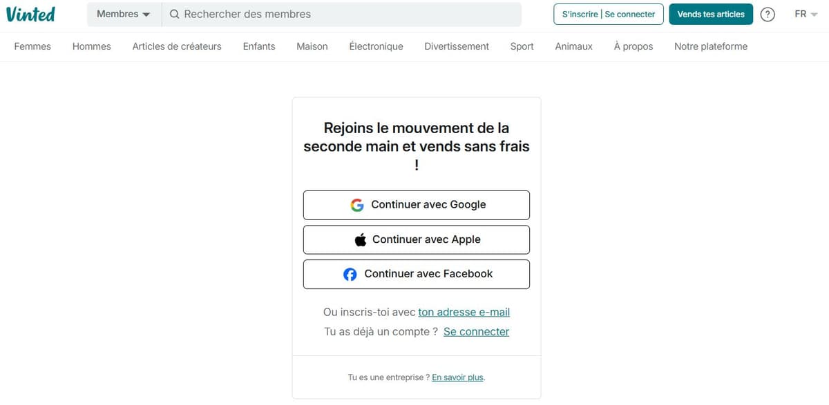 Écran d'inscription Vinted - Création de compte